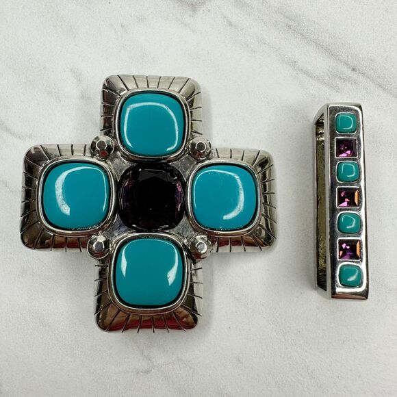 Blue Purple Cross Belt Buckle Statement Silver Tone ✨ - Picture 1 of 10